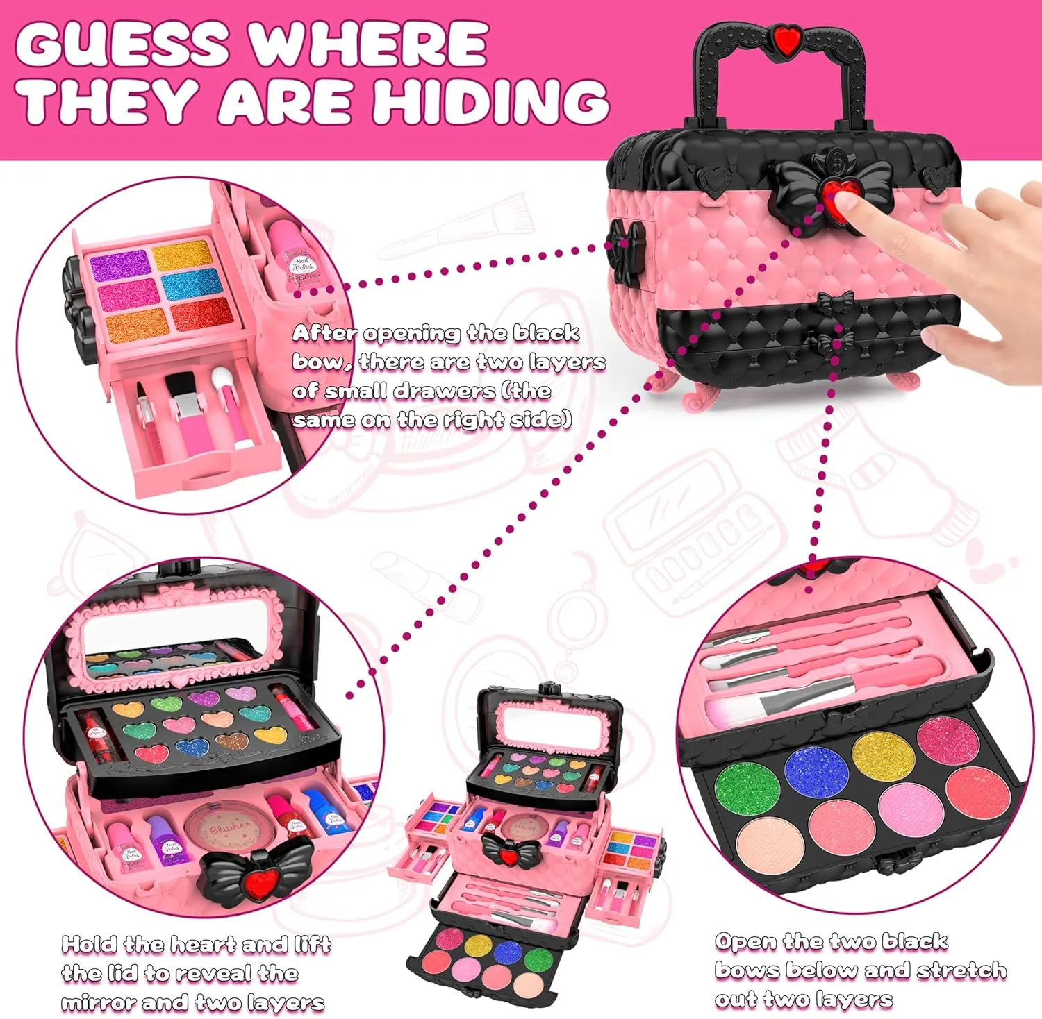 54 Pcs Kids Makeup Kit for Girls, Princess Real Washable Pretend Play Cosmetic Set Toys with Mirror, Birthday Gifts for 3 4 5 6 7 8 9 10 Years Old Girls Kids (Pink)