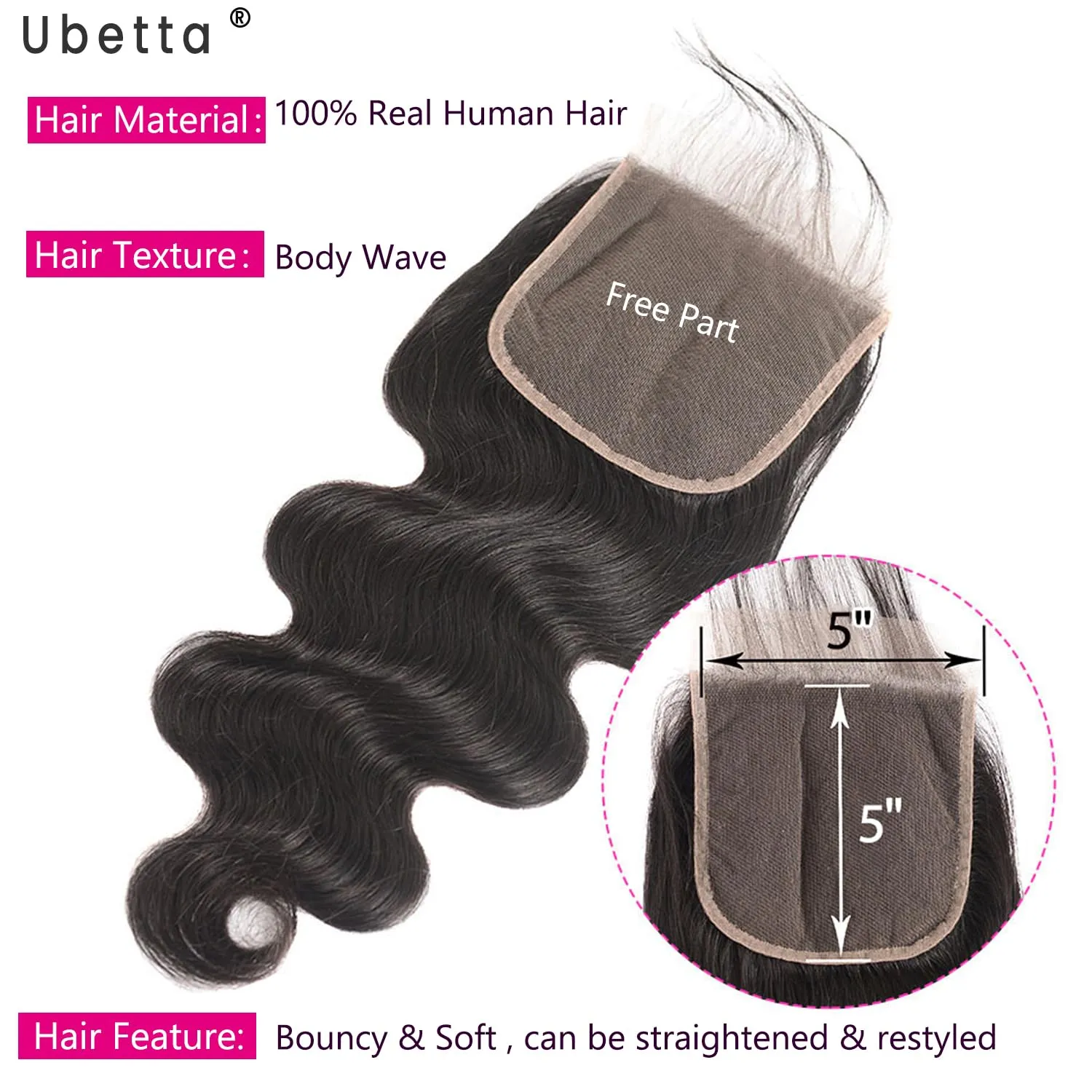 5x5 Lace Closure, Body Wave Lace Closure 5x5 Light Brown Lace Closure Pre Bleached Knots Swiss Closure Close to Transparent Lace Closure Virgin Human Hair Glueless Closure Natural Hairline 20 Inch
