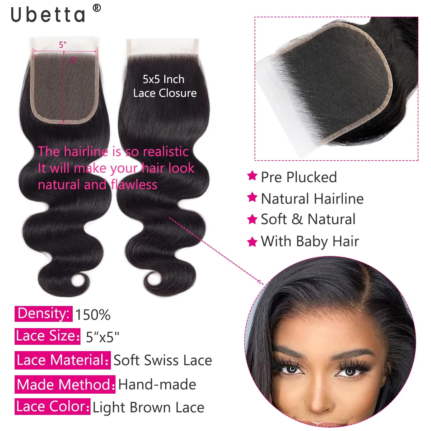 5x5 Lace Closure, Body Wave Lace Closure 5x5 Light Brown Lace Closure Pre Bleached Knots Swiss Closure Close to Transparent Lace Closure Virgin Human Hair Glueless Closure Natural Hairline 20 Inch
