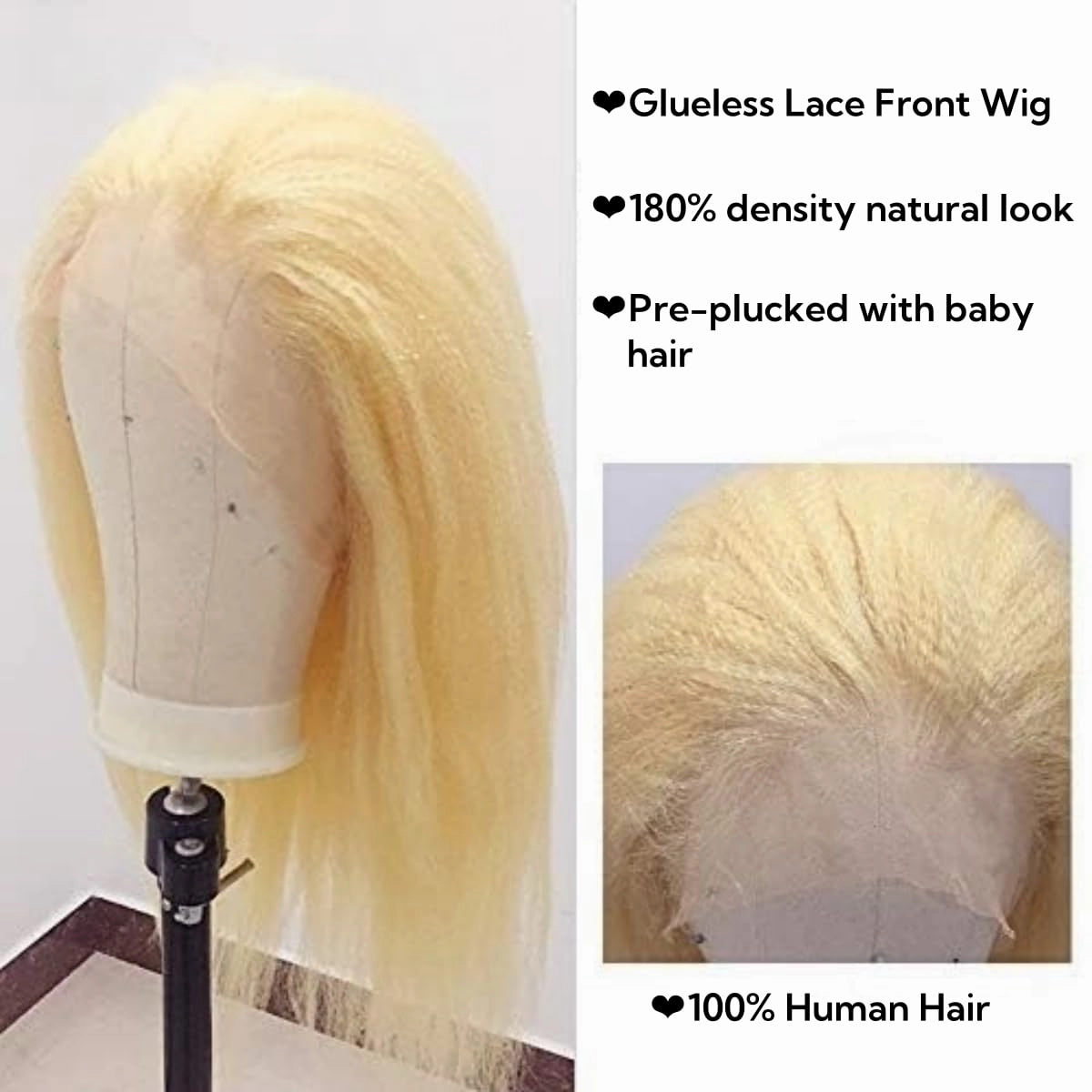 613 13x6 Kinky Straight Human Hair Wig for Women 180% Density HD Transparent Lace Front Wigs Pre Plucked with Baby Hair Natural Hairline Yaki Straight Brazilian Virgin Human Hair Wigs 24inch
