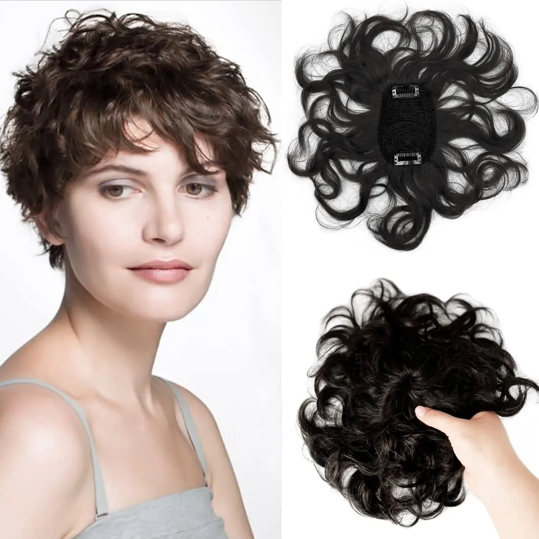 7" Short Curly Human Hair Toppers for Women,2.76x3.94 Small Area Top Clip in Topper Hairpieces Natural Wavy Short Wiglets Hairpiece for Slight Thinning Hair Black