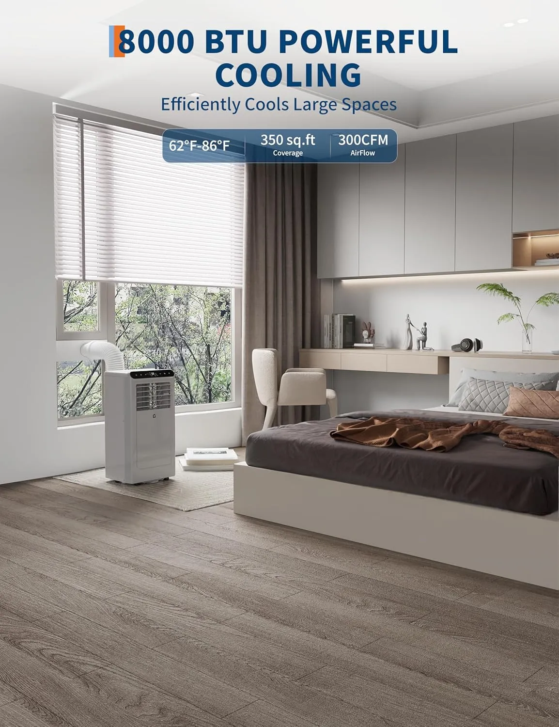 8,000 BTU Portable Air Conditioner, 4-In-1 Portable AC Units for Rooms with Fan, Dehumidifier, Cools Up to 350 Sq.Ft. Room Air Conditioner, Remote, Auto Swing, Quite Opration, Timer, Grey
