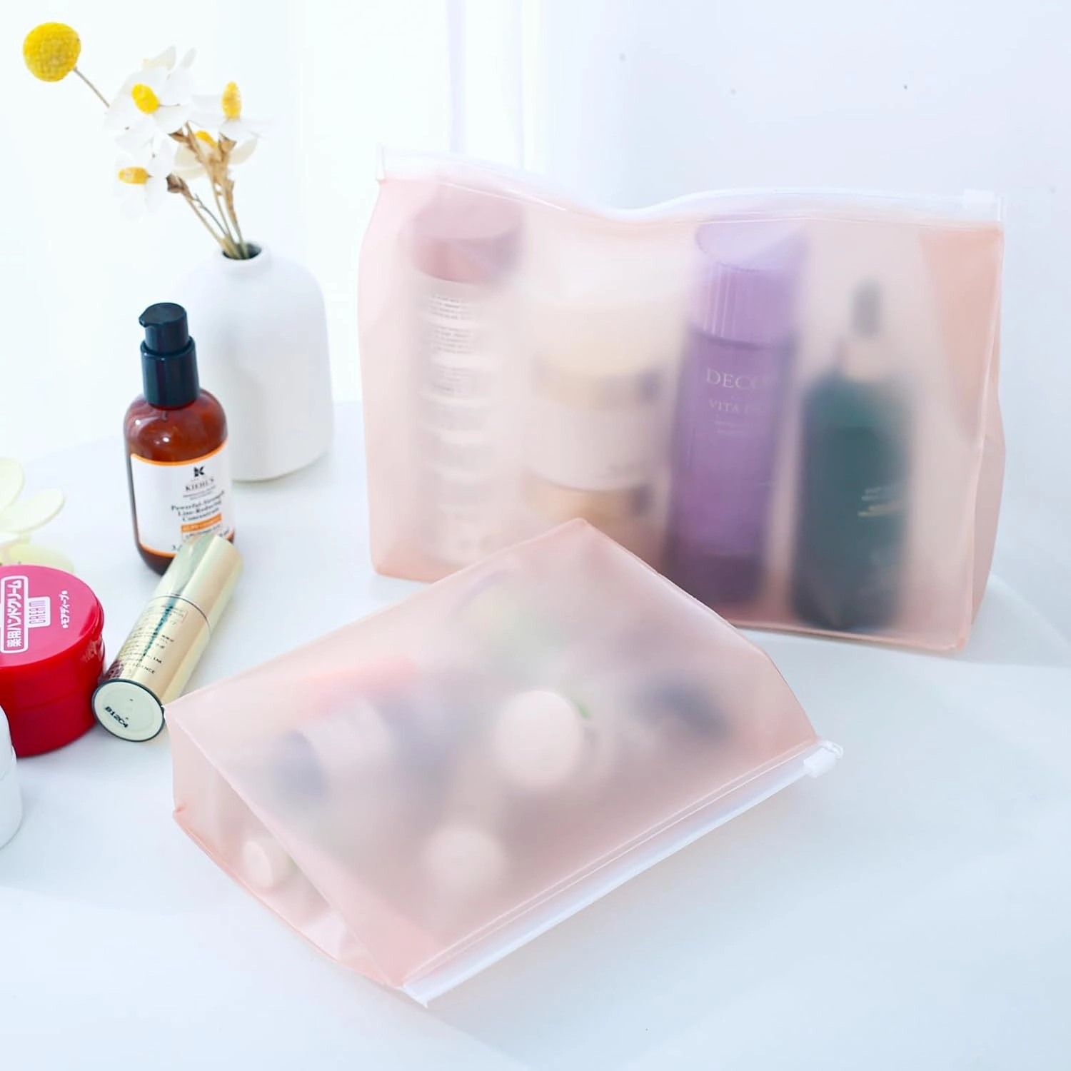 80 Pack Mini Pink Clear Makeup Bag Organizer Pouches Cosmetic Zipper Pouch Small Travel Pouches for Toiletries Transparent EVA Reusable Wash Bags Bulk Waterproof Plastic Gift Bags, Pink Frosted, 5.9”