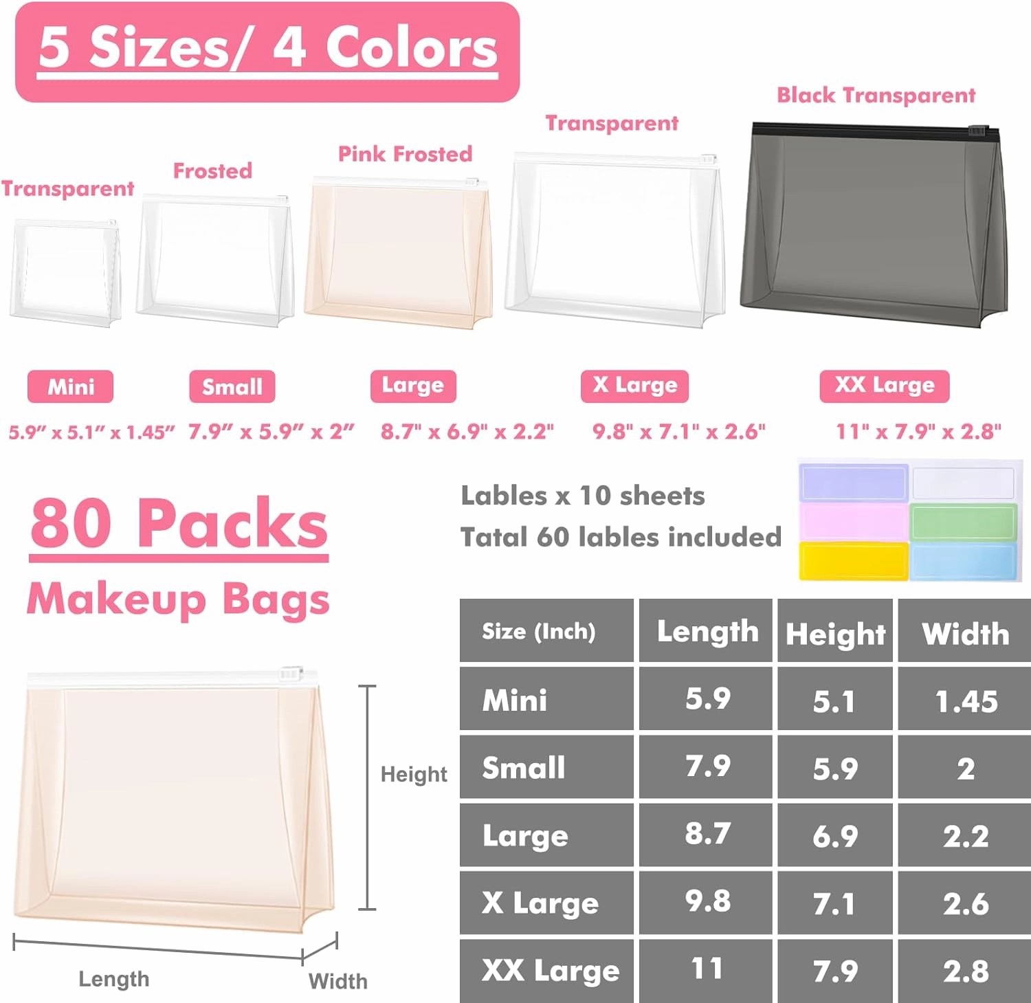 80 Pack Mini Pink Clear Makeup Bag Organizer Pouches Cosmetic Zipper Pouch Small Travel Pouches for Toiletries Transparent EVA Reusable Wash Bags Bulk Waterproof Plastic Gift Bags, Pink Frosted, 5.9”