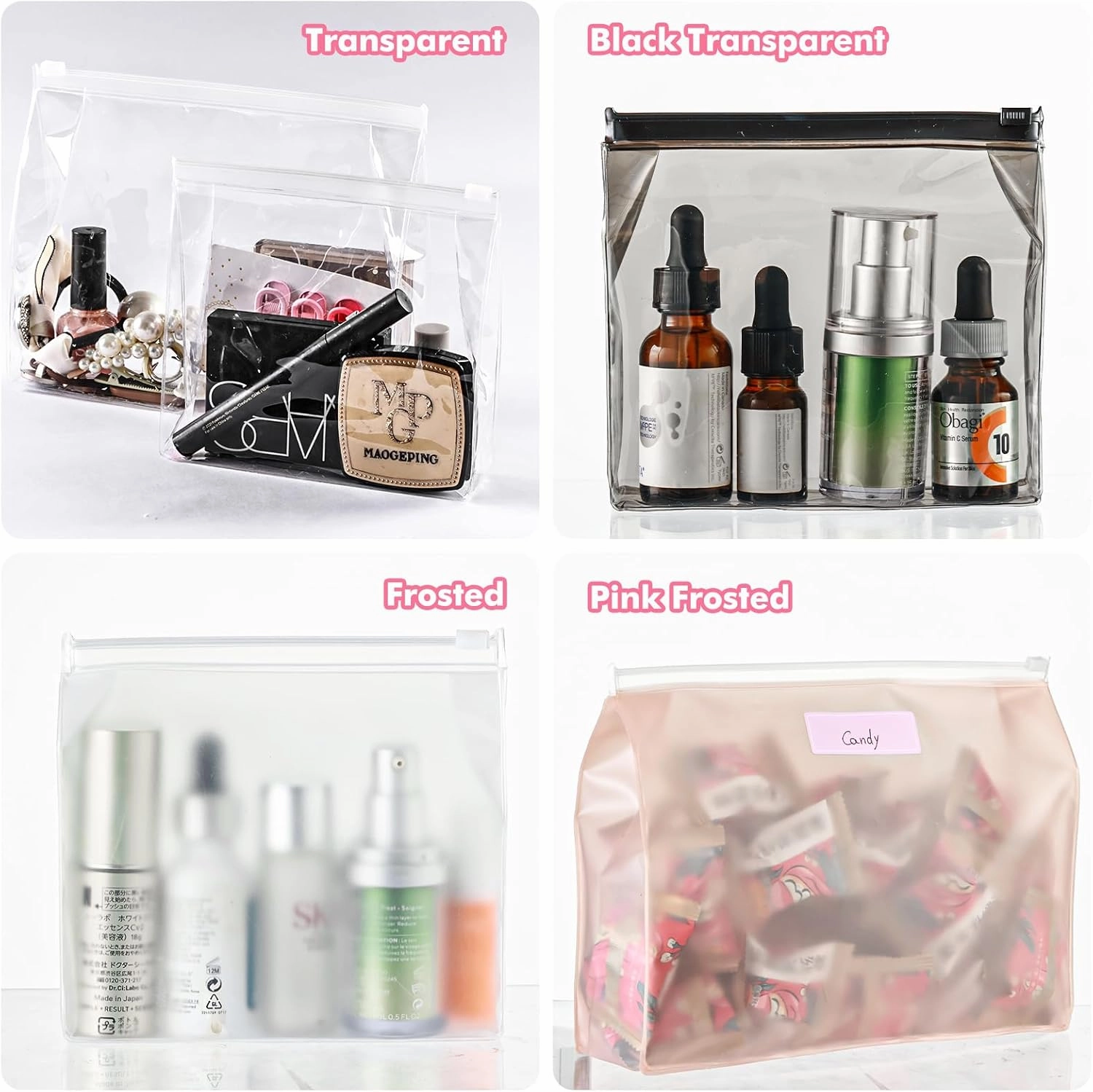 80 Pack Mini Pink Clear Makeup Bag Organizer Pouches Cosmetic Zipper Pouch Small Travel Pouches for Toiletries Transparent EVA Reusable Wash Bags Bulk Waterproof Plastic Gift Bags, Pink Frosted, 5.9”