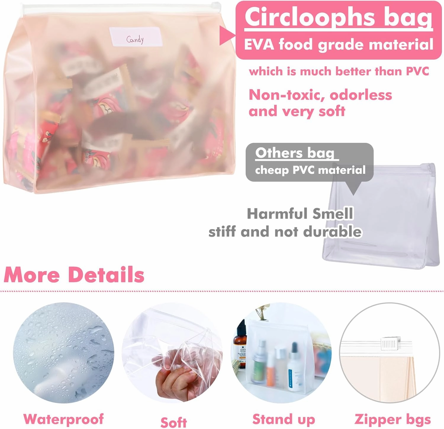 80 Pack Mini Pink Clear Makeup Bag Organizer Pouches Cosmetic Zipper Pouch Small Travel Pouches for Toiletries Transparent EVA Reusable Wash Bags Bulk Waterproof Plastic Gift Bags, Pink Frosted, 5.9”