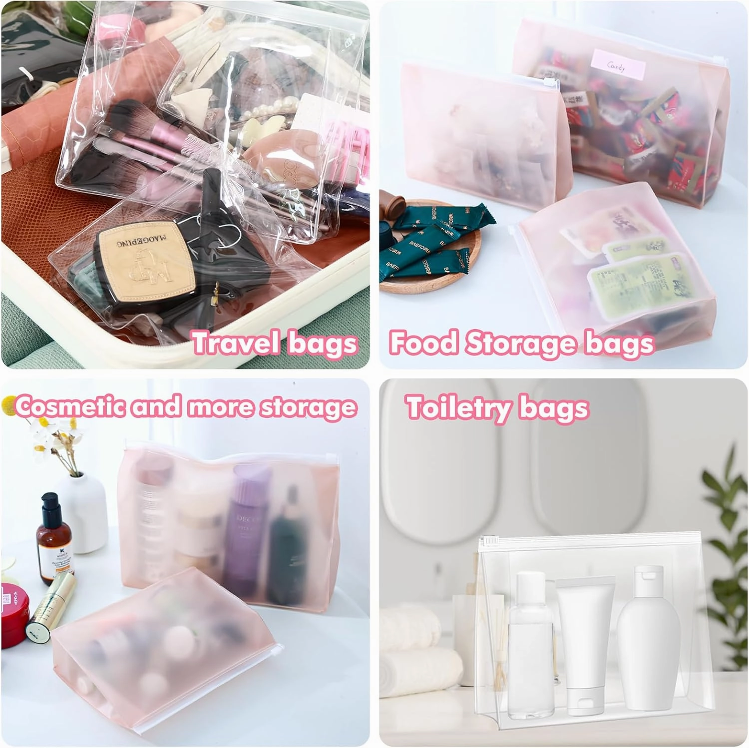 80 Pack Mini Pink Clear Makeup Bag Organizer Pouches Cosmetic Zipper Pouch Small Travel Pouches for Toiletries Transparent EVA Reusable Wash Bags Bulk Waterproof Plastic Gift Bags, Pink Frosted, 5.9”
