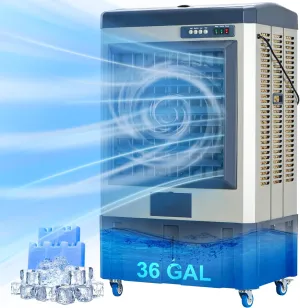 8979CFM Swamp Cooler, Evaporative Air Cooler with 36 Gal Water Tank, Continuous Auto Fill, 120° Oscillation, 3-Speeds, Outdoor Air Conditioner for Patio Garage Commercial Use 58 Inch (Blue)