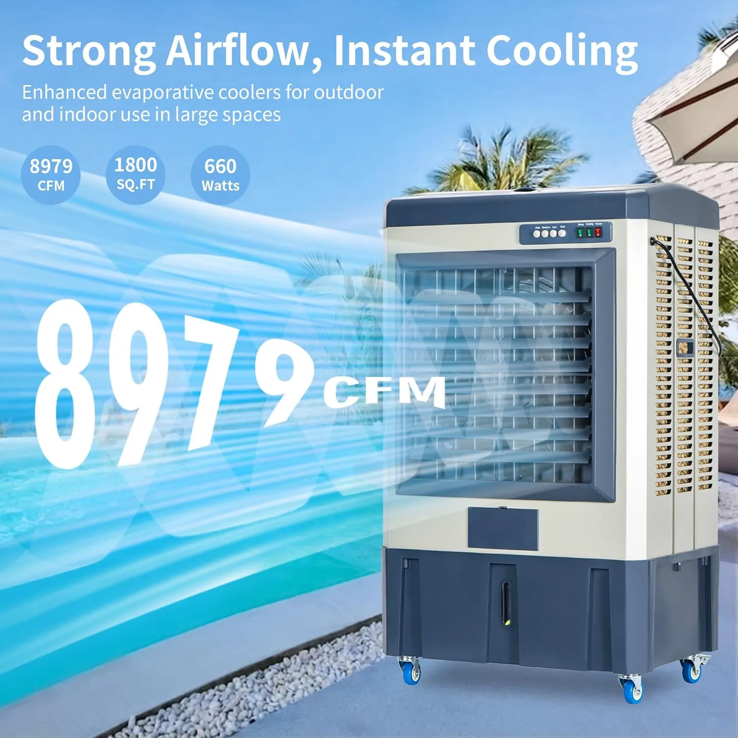 8979CFM Swamp Cooler, Evaporative Air Cooler with 36 Gal Water Tank, Continuous Auto Fill, 120° Oscillation, 3-Speeds, Outdoor Air Conditioner for Patio Garage Commercial Use 58 Inch (Blue)