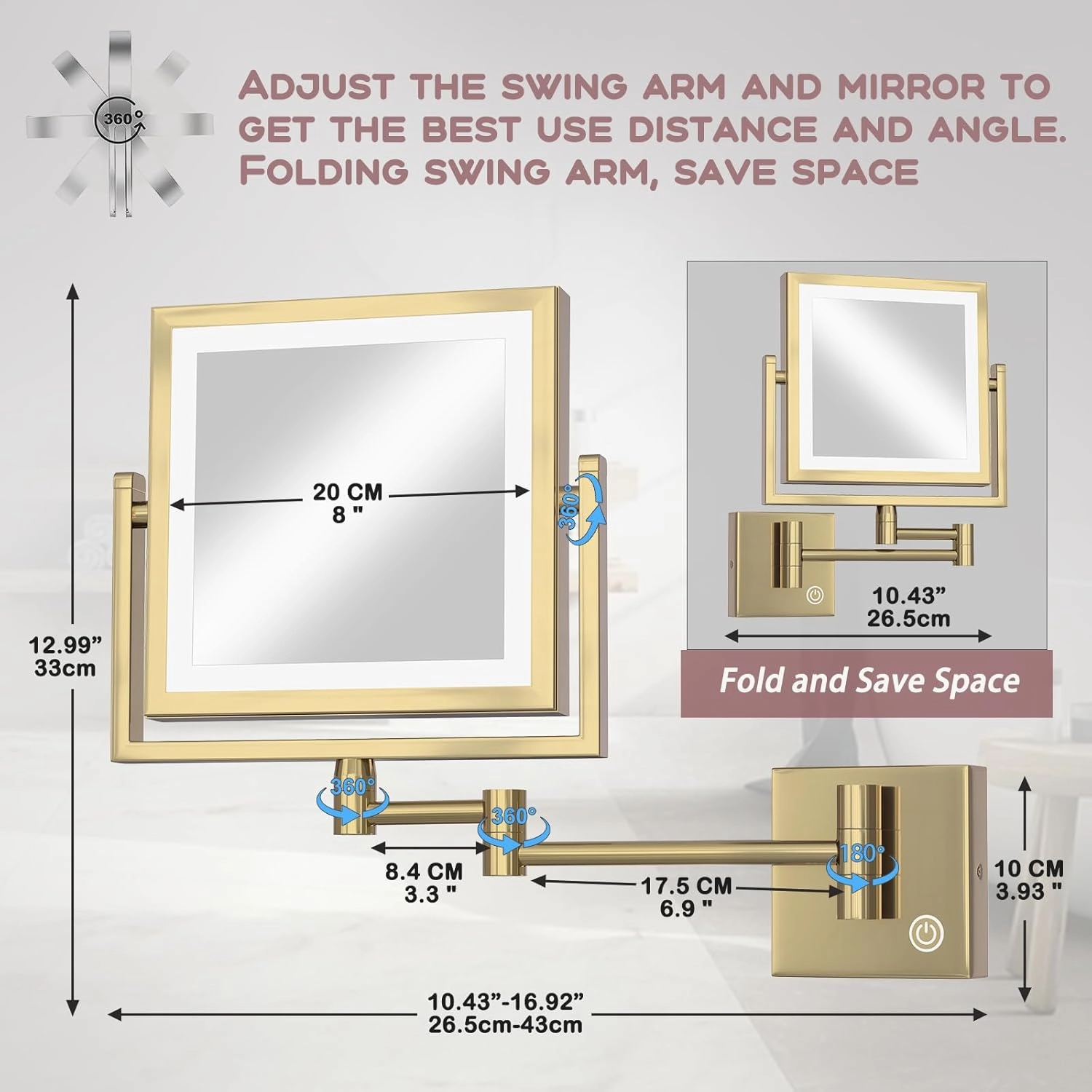 8" Brass Square Bathroom Lighted Vanity Wall Mounted Mirror Swing Srm Gold, 2 Sided 1X/3X LED Magnifying Makeup Mirror with Extension Arm, Shower Shaving Mirror Touch Sensor Dimming HardWired