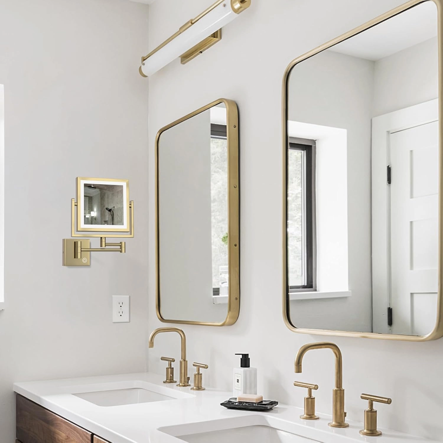 8" Brass Square Bathroom Lighted Vanity Wall Mounted Mirror Swing Srm Gold, 2 Sided 1X/3X LED Magnifying Makeup Mirror with Extension Arm, Shower Shaving Mirror Touch Sensor Dimming HardWired