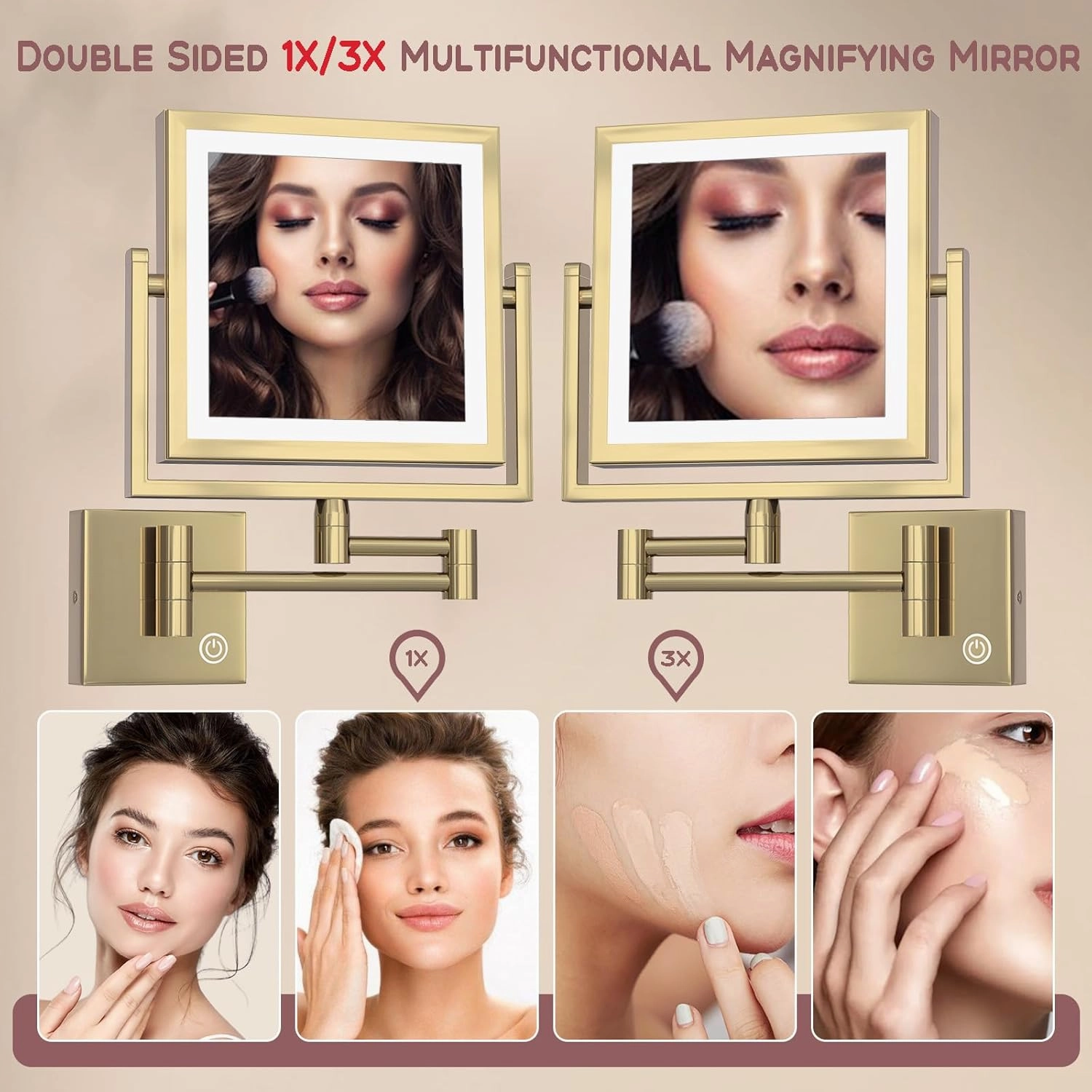 8" Brass Square Bathroom Lighted Vanity Wall Mounted Mirror Swing Srm Gold, 2 Sided 1X/3X LED Magnifying Makeup Mirror with Extension Arm, Shower Shaving Mirror Touch Sensor Dimming HardWired