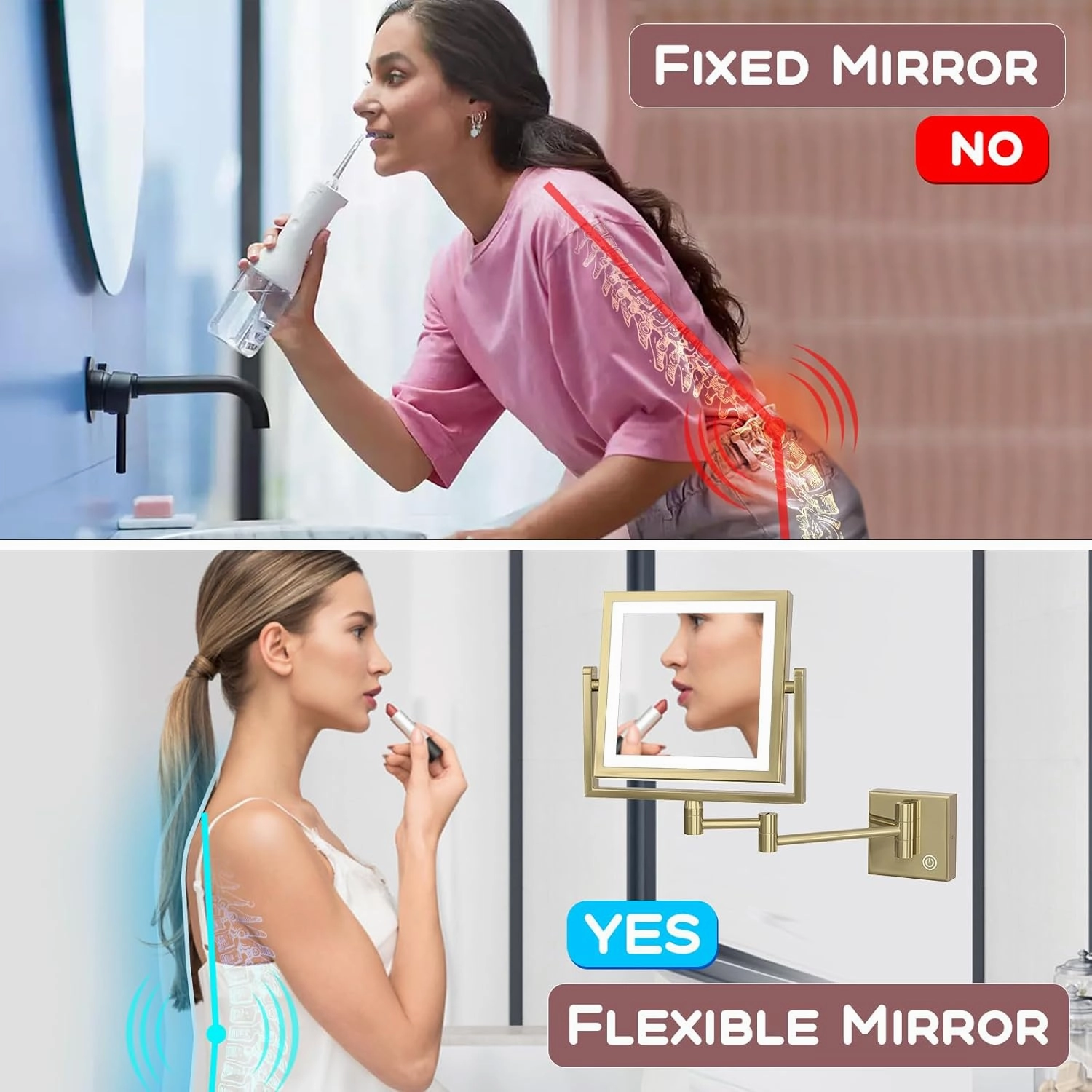 8" Brass Square Bathroom Lighted Vanity Wall Mounted Mirror Swing Srm Gold, 2 Sided 1X/3X LED Magnifying Makeup Mirror with Extension Arm, Shower Shaving Mirror Touch Sensor Dimming HardWired