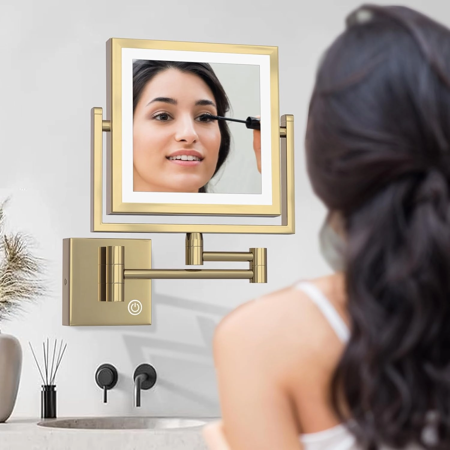 8" Brass Square Bathroom Lighted Vanity Wall Mounted Mirror Swing Srm Gold, 2 Sided 1X/3X LED Magnifying Makeup Mirror with Extension Arm, Shower Shaving Mirror Touch Sensor Dimming HardWired