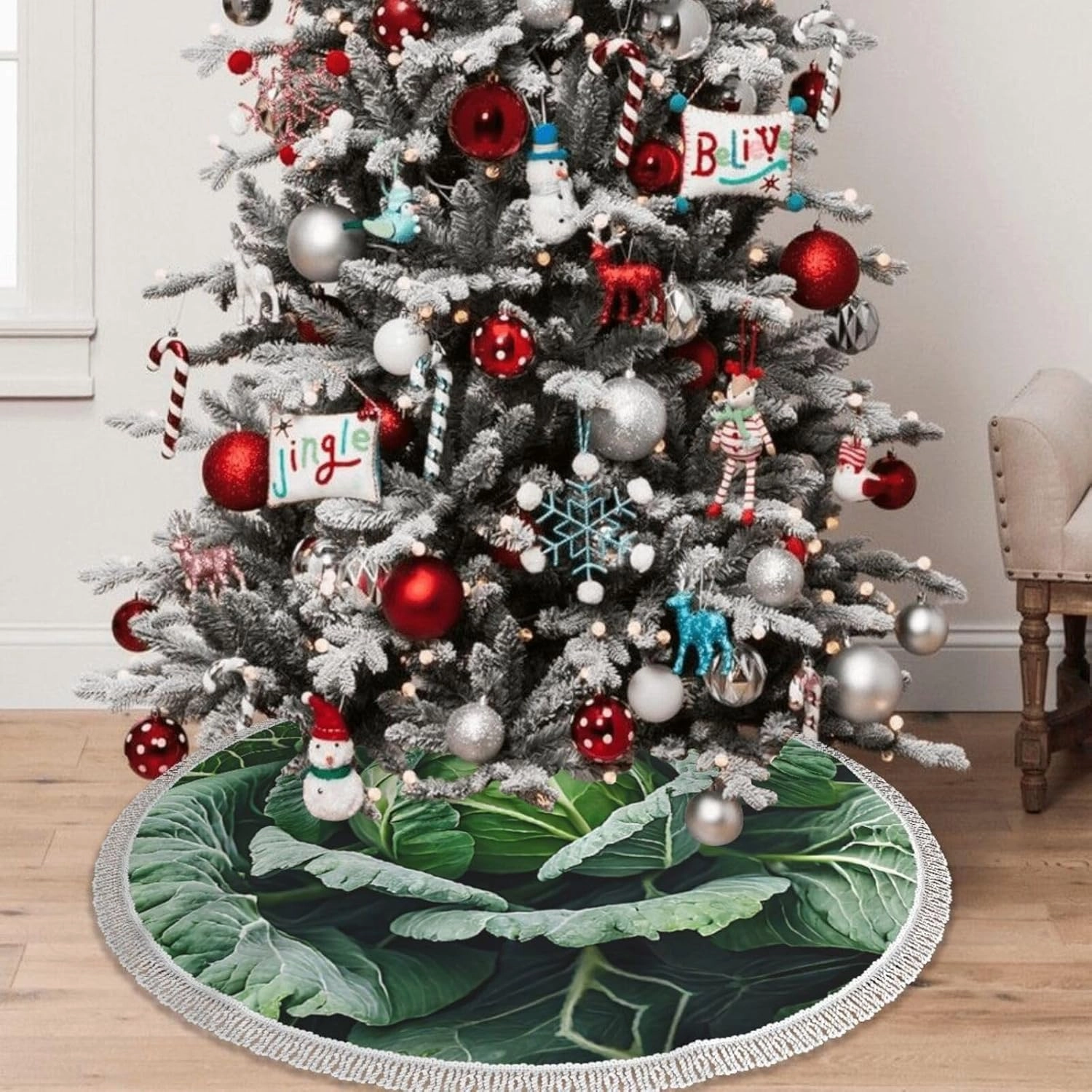 (Bright Cabbage) Christmas Tree Skirt With Tassels Xmas Tree Skirt For Party Decorations Elegant Holiday Ornament Accent 30"