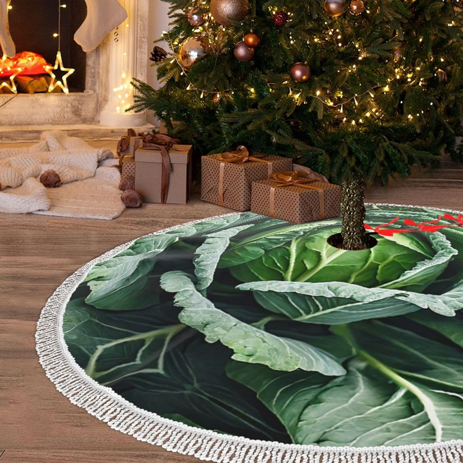 (Bright Cabbage) Christmas Tree Skirt With Tassels Xmas Tree Skirt For Party Decorations Elegant Holiday Ornament Accent 30"