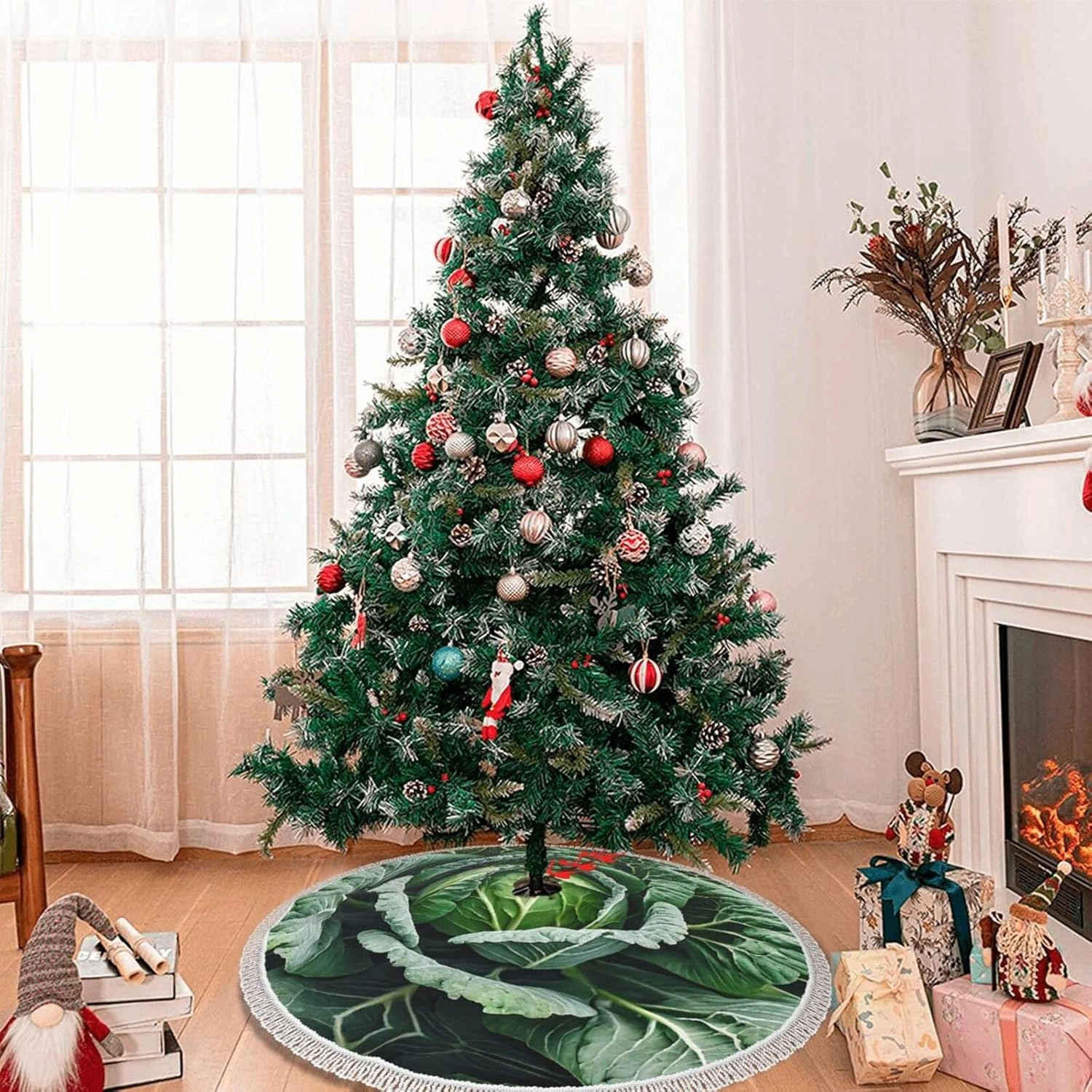 (Bright Cabbage) Christmas Tree Skirt With Tassels Xmas Tree Skirt For Party Decorations Elegant Holiday Ornament Accent 30"