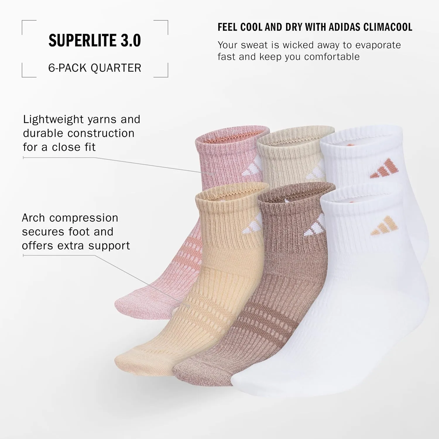 adidas Men's Superlite Quarter Socks 6-Pack, Durable, Lightweight, Athletic Breathable with Compression Arch Support