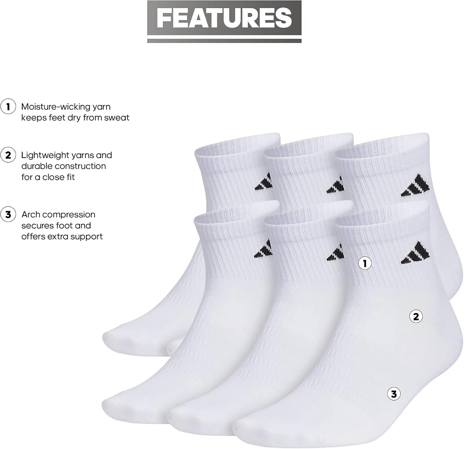 adidas Men's Superlite Quarter Socks 6-Pack, Durable, Lightweight, Athletic Breathable with Compression Arch Support