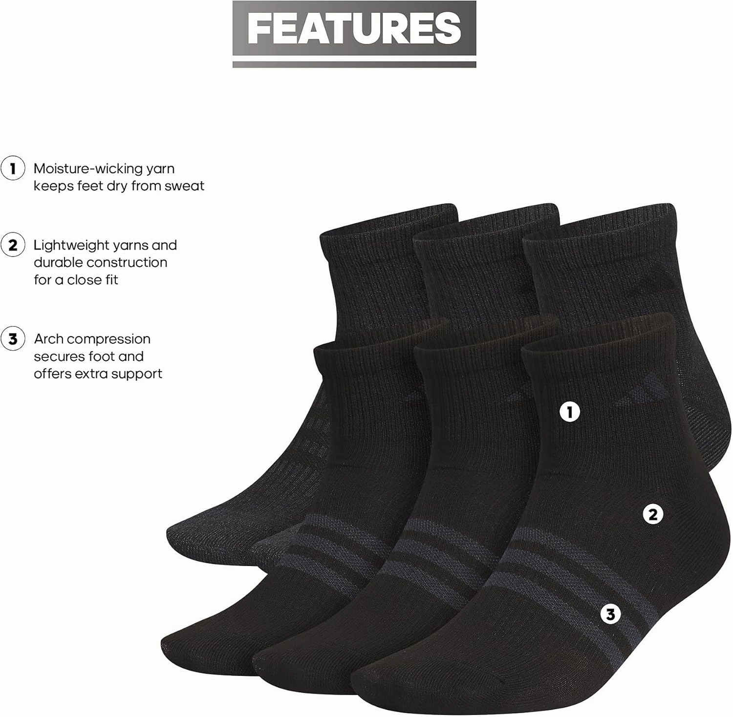 adidas Men's Superlite Quarter Socks 6-Pack, Durable, Lightweight, Athletic Breathable with Compression Arch Support