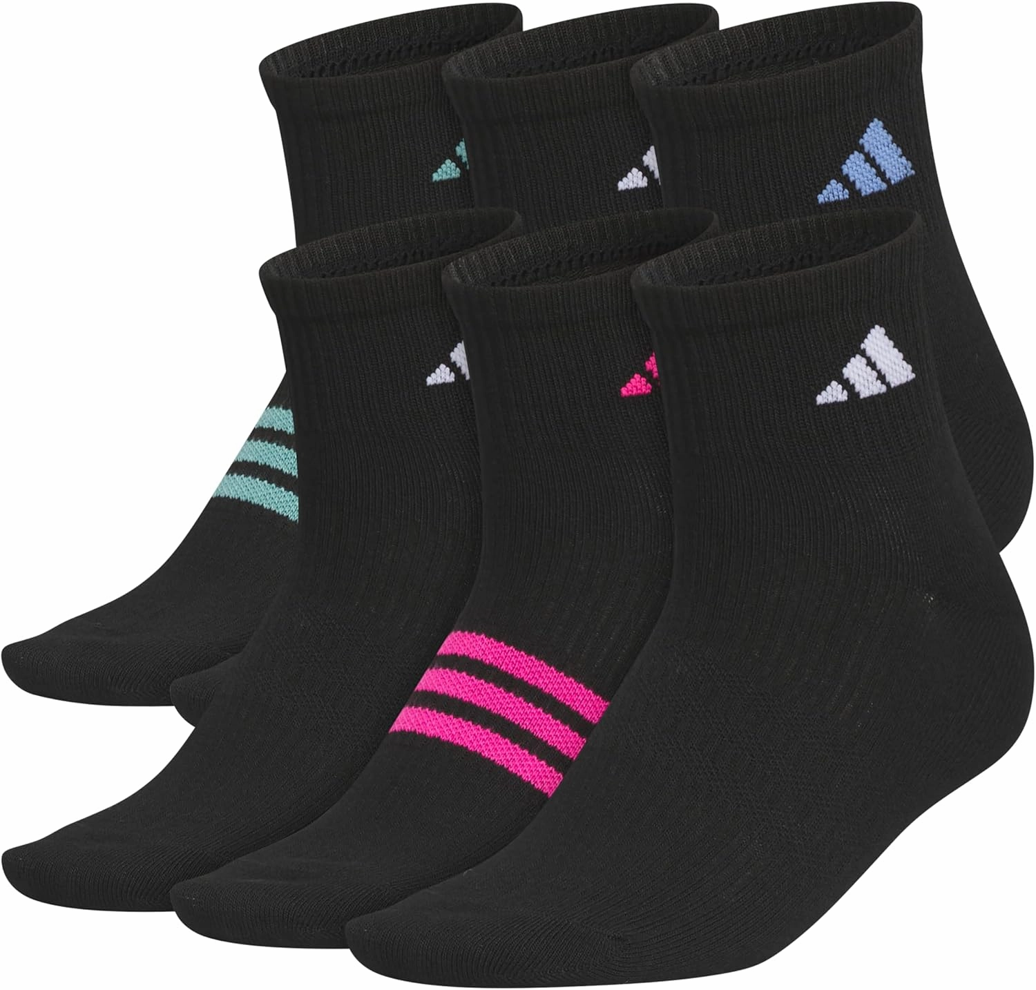 adidas Women's Superlite Quarter Socks 6-Pack, Durable, Lightweight, Athletic Breathable with Compression Arch Support, Black/Powder Teal Green/Blue Fusion, M