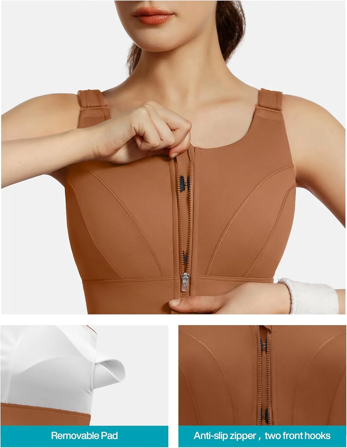 Adjustable High Impact Sports Bras for Women Zip Front Full Coverage and Lift Padded Compression Tops