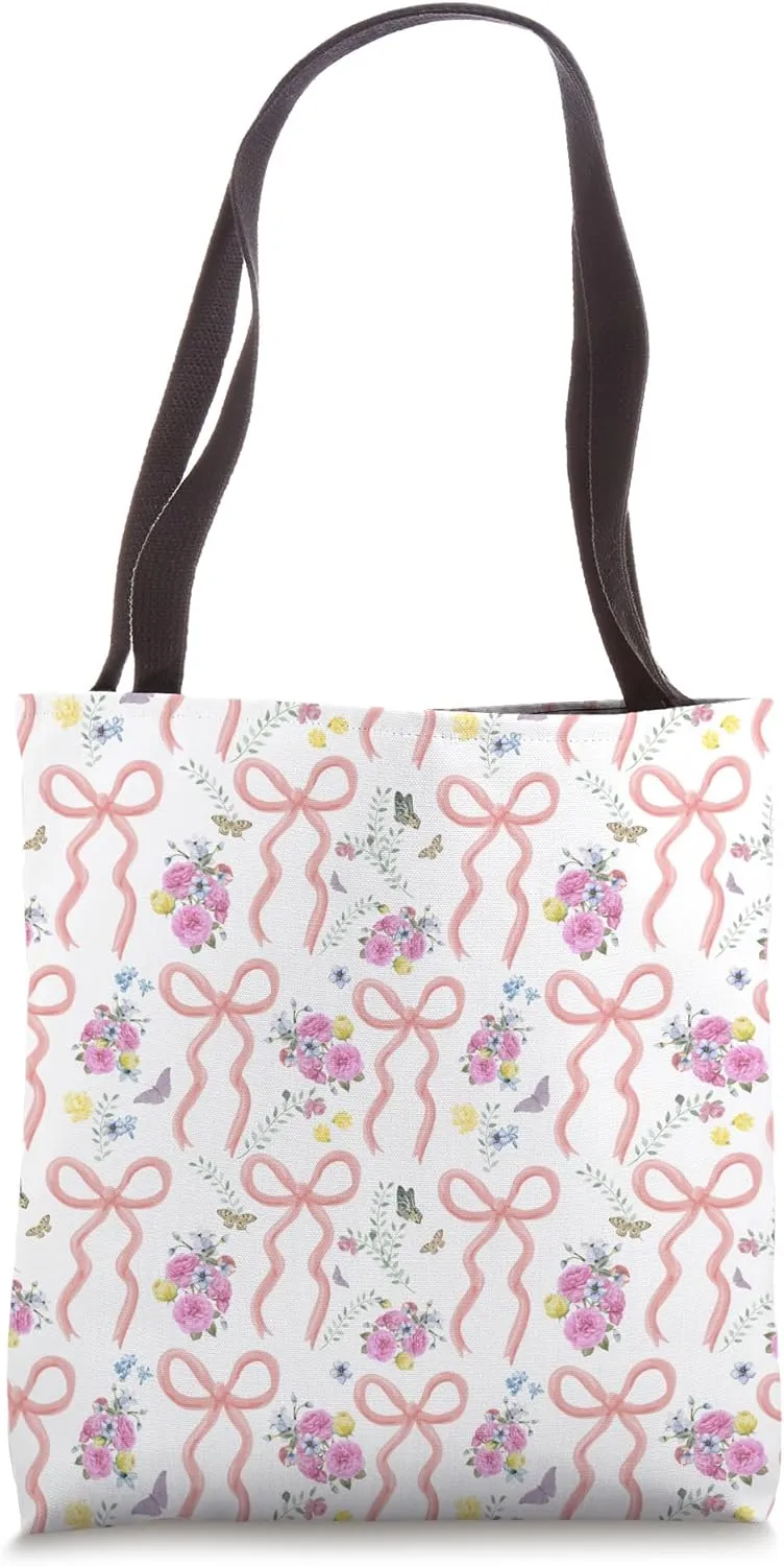 Aesthetic Coquette Peach, Coral Bows, Roses and Butterflies Tote Bag