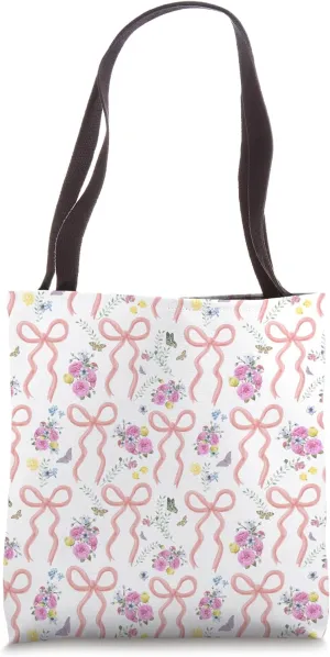 Aesthetic Coquette Peach, Coral Bows, Roses and Butterflies Tote Bag