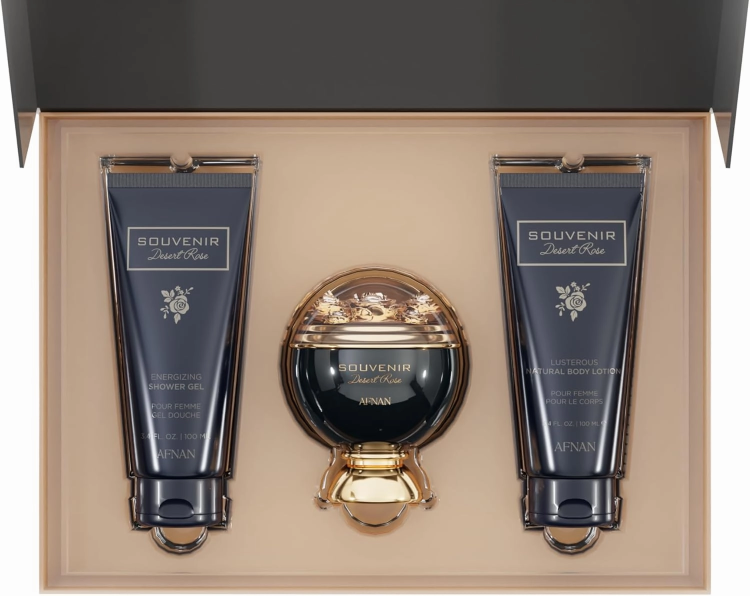 Afnan Souvenir Desert Rose Women's Luxurious Perfume Gift Set – Eau De Parfum (3.4 Oz), Body Lotion (3.4 Oz), Shower Gel (3.4 Oz)