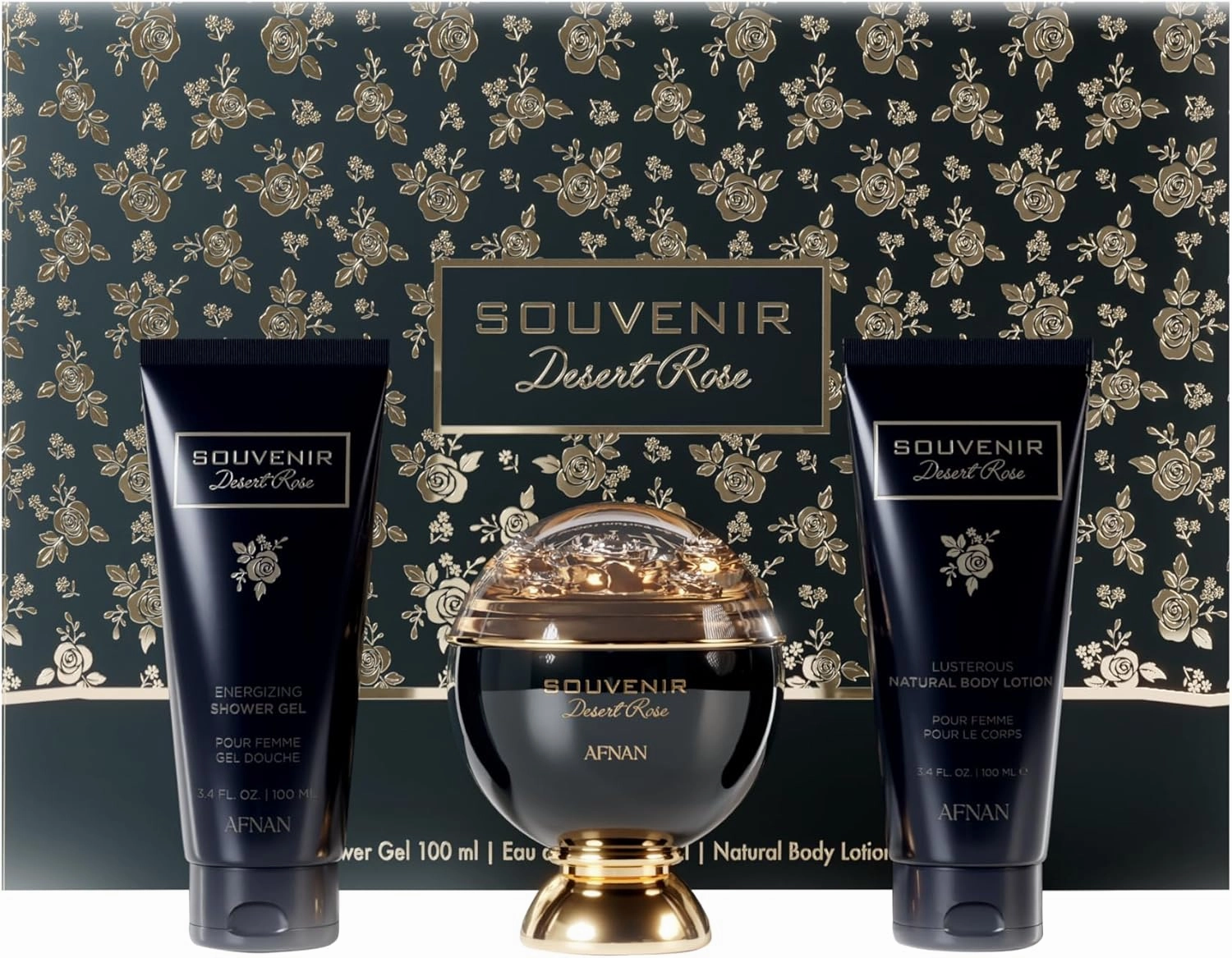 Afnan Souvenir Desert Rose Women's Luxurious Perfume Gift Set – Eau De Parfum (3.4 Oz), Body Lotion (3.4 Oz), Shower Gel (3.4 Oz)