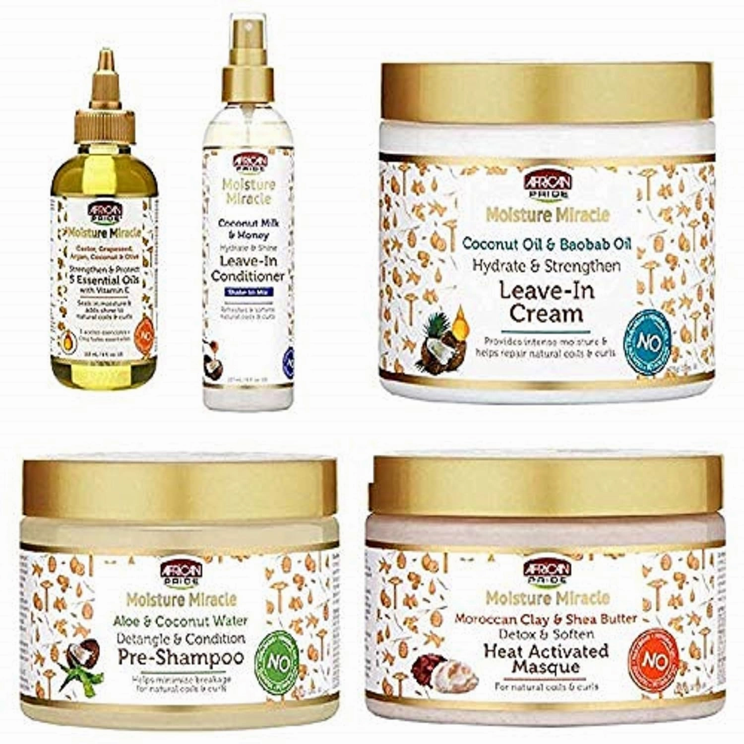 African Pride Moisture Miracle Pre-Shampoo, Leave-In, Cream, Masque, Shampoo