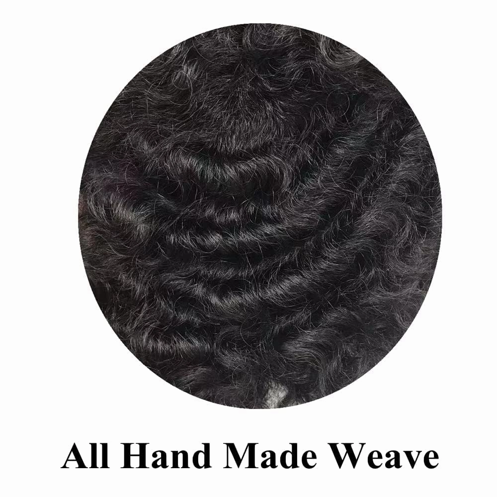 Afro Curl Toupee for Black Men Hair Piece Real Human Hair Full Poly Skin Curly Hair System for Black Men Weave Hair Units African American Mens Toupee 8x10 1# JET BLACK-12MM Afro Wave