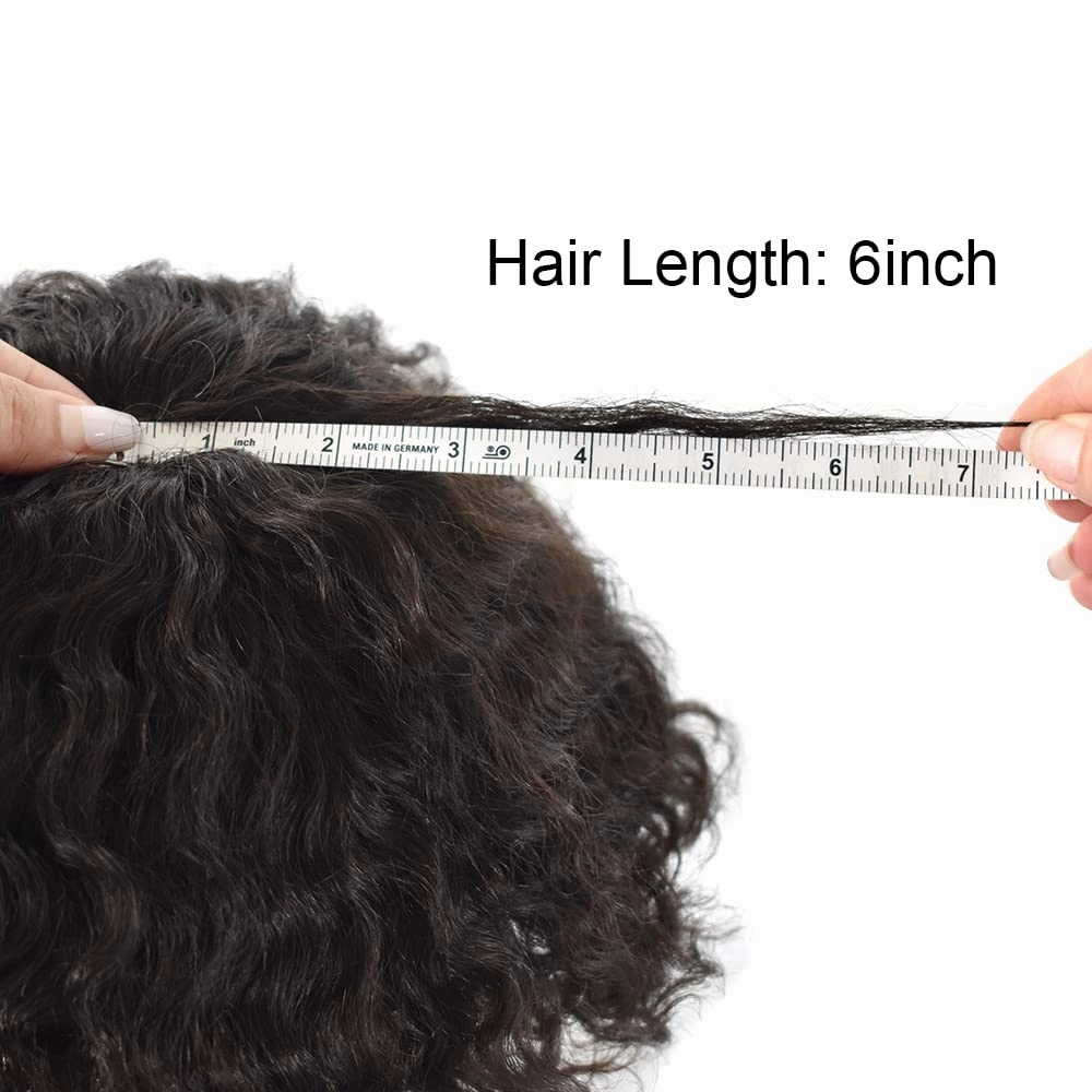 Afro Curl Toupee for Black Men Hair Piece Real Human Hair Full Poly Skin Curly Hair System for Black Men Weave Hair Units African American Mens Toupee 8x10 1# JET BLACK-12MM Afro Wave