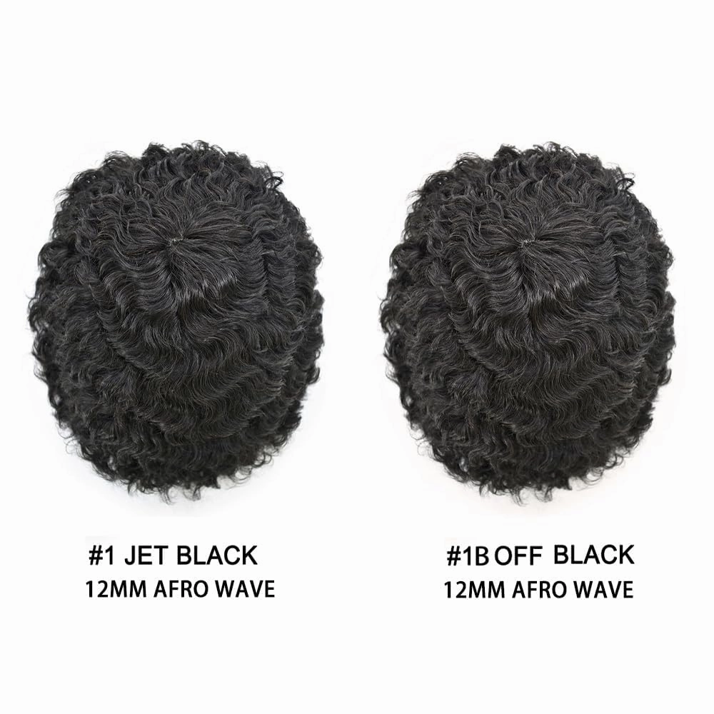 Afro Curl Toupee for Black Men Hair Piece Real Human Hair Full Poly Skin Curly Hair System for Black Men Weave Hair Units African American Mens Toupee 8x10 1# JET BLACK-12MM Afro Wave