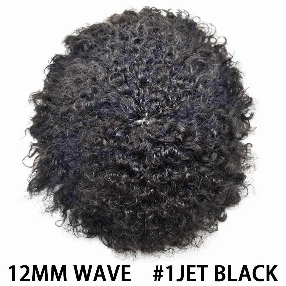 Afro Curl Toupee for Black Men Hair Piece Real Human Hair Full Poly Skin Curly Hair System for Black Men Weave Hair Units African American Mens Toupee 8x10 1# JET BLACK-12MM Afro Wave