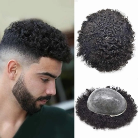 Afro Curl Toupee for Black Men Hair Piece Real Human Hair Full Poly Skin Curly Hair System for Black Men Weave Hair Units African American Mens Toupee 8x10 1# JET BLACK-12MM Afro Wave