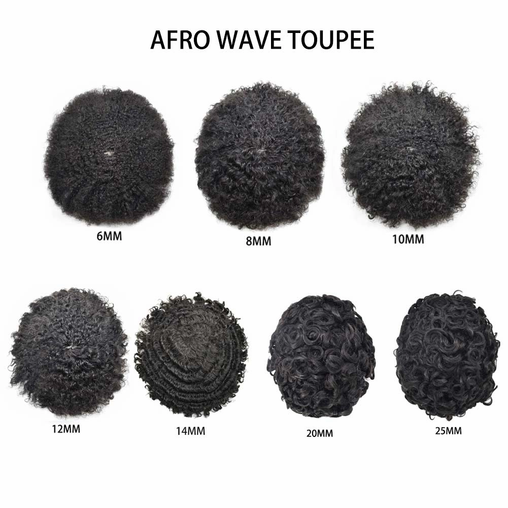 Afro Curl Toupee for Black Men Hair Piece Real Human Hair Full Poly Skin Curly Hair System for Black Men Weave Hair Units African American Mens Toupee 8x10 1# JET BLACK-12MM Afro Wave