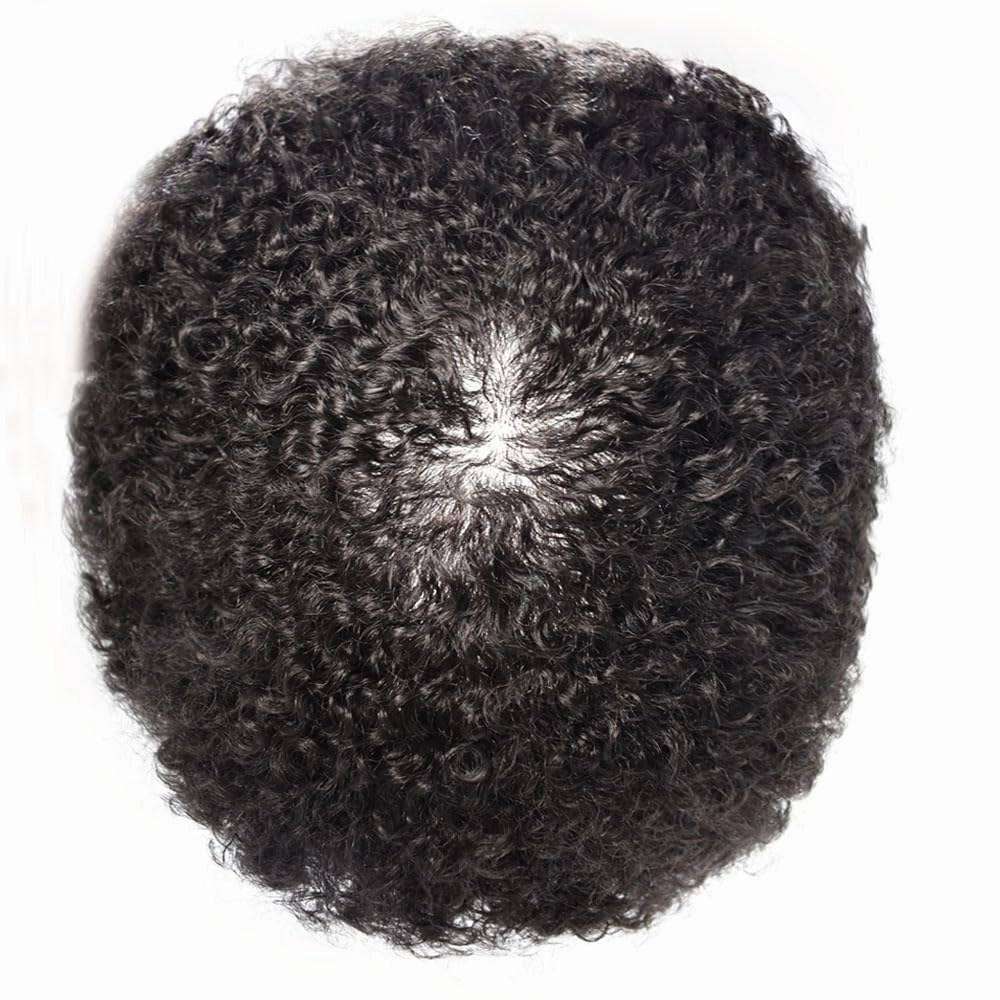 Afro Curl Toupee for Black Men Hair Piece Real Human Hair Full Poly Skin Curly Hair System for Black Men Weave Hair Units African American Mens Toupee 8x10 1# JET BLACK-12MM Afro Wave