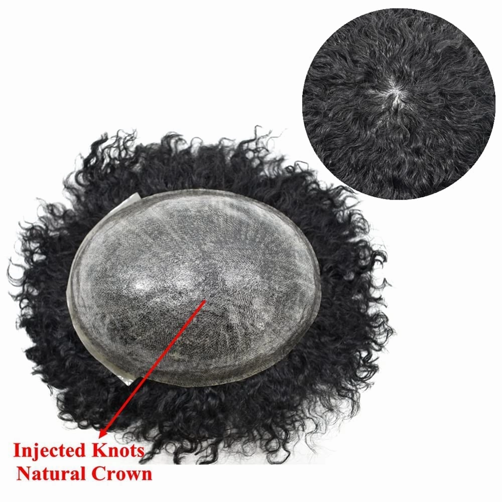 Afro Curl Toupee for Black Men Hair Piece Real Human Hair Full Poly Skin Curly Hair System for Black Men Weave Hair Units African American Mens Toupee 8x10 1# JET BLACK-12MM Afro Wave