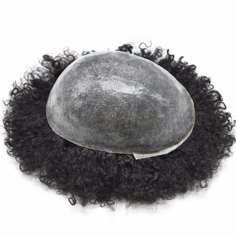 Afro Curl Toupee for Black Men Hair Piece Real Human Hair Full Poly Skin Curly Hair System for Black Men Weave Hair Units African American Mens Toupee 8x10 1# JET BLACK-12MM Afro Wave