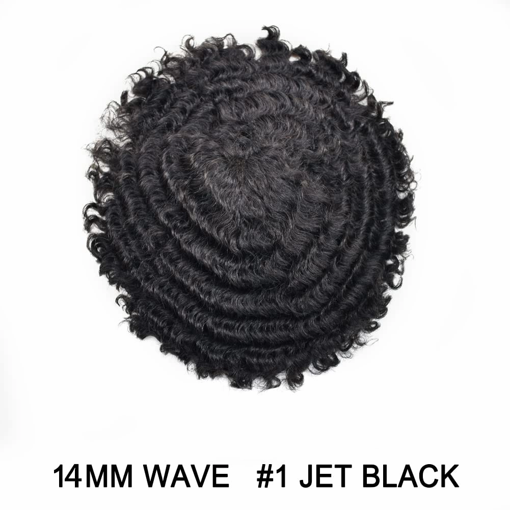 Afro Curl Toupee for Black Men Hair Piece Real Human Hair Full Poly Skin Curly Hair System for Black Men Weave Hair Units African American Mens Toupee 8x10 1# JET BLACK-14MM Afro Wave