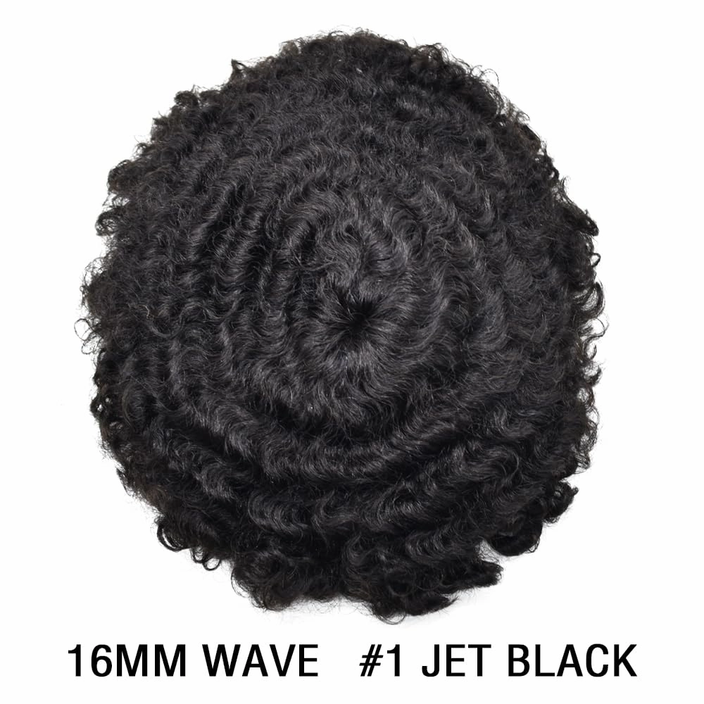 Afro Curl Toupee for Black Men Hair Piece Real Human Hair Full Poly Skin Curly Hair System for Black Men Weave Hair Units African American Mens Toupee 8x10 1# JET BLACK 16MM Afro Wave