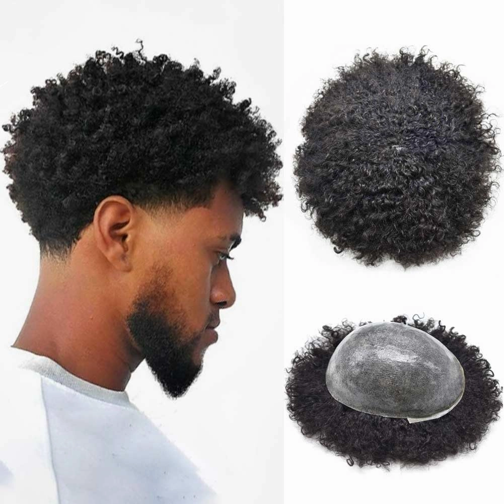 Afro Curl Toupee for Black Men Hair Piece Real Human Hair Full Poly Skin Curly Hair System for Black Men Weave Hair Units African American Mens Toupee 8x10 1# JET BLACK 16MM Afro Wave