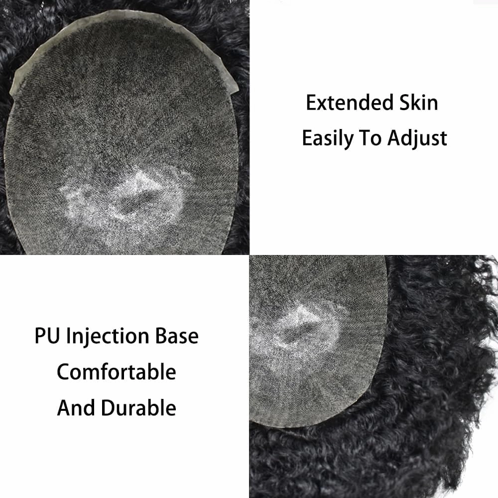 Afro Curl Toupee for Black Men Hair Piece Real Human Hair Full Poly Skin Curly Hair System for Black Men Weave Hair Units African American Mens Toupee 8x10 1# JET BLACK 16MM Afro Wave