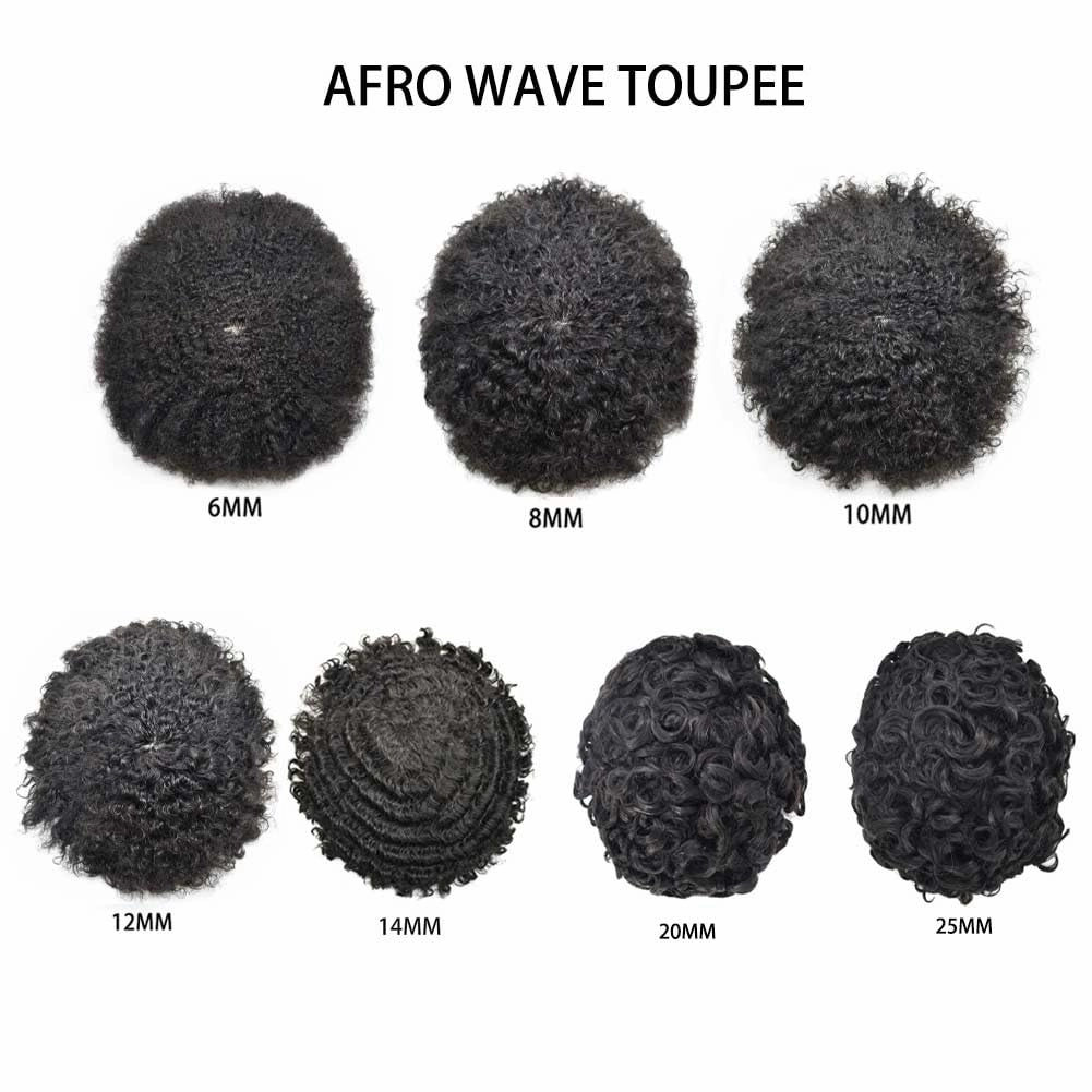 Afro Curl Toupee for Black Men Hair Piece Real Human Hair Full Poly Skin Curly Hair System for Black Men Weave Hair Units African American Mens Toupee 8x10 1# JET BLACK 16MM Afro Wave