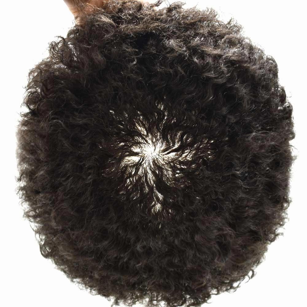 Afro Curl Toupee for Black Men Hair Piece Real Human Hair Full Poly Skin Curly Hair System for Black Men Weave Hair Units African American Mens Toupee 8x10 1# JET BLACK 16MM Afro Wave
