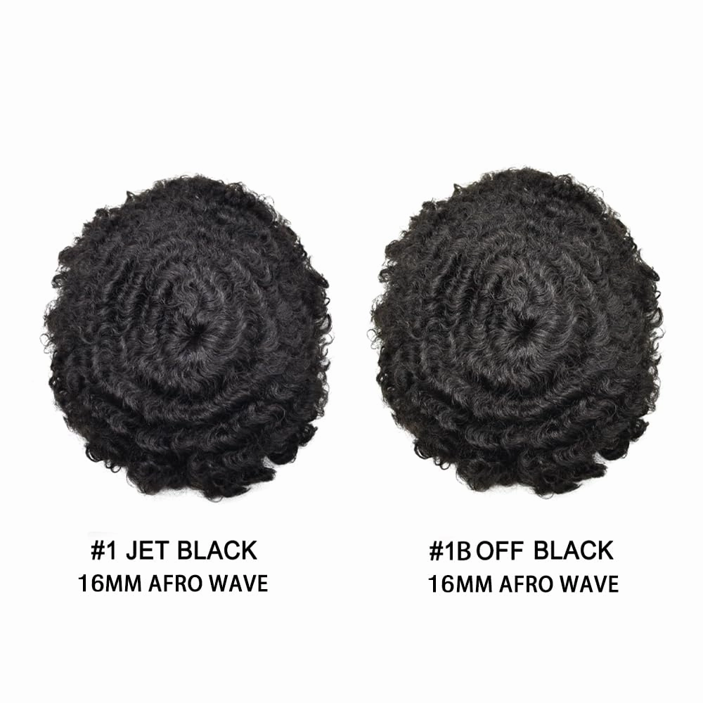 Afro Curl Toupee for Black Men Hair Piece Real Human Hair Full Poly Skin Curly Hair System for Black Men Weave Hair Units African American Mens Toupee 8x10 1# JET BLACK 16MM Afro Wave