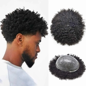 Afro Curl Toupee for Black Men Hair Piece Real Human Hair Full Poly Skin Curly Hair System for Black Men Weave Hair Units African American Mens Toupee 8x10 1# JET BLACK 16MM Afro Wave