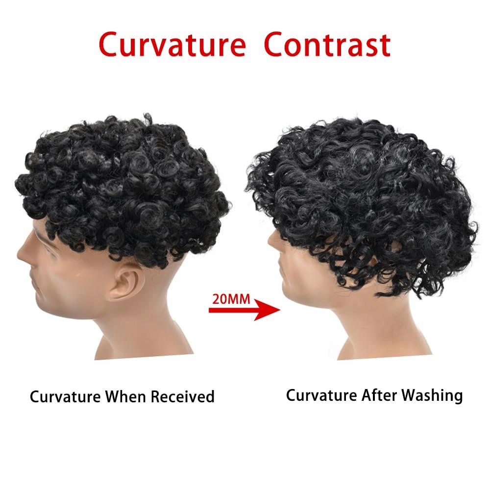 Afro Curl Toupee for Black Men Hair Piece Real Human Hair Full Poly Skin Curly Hair System for Black Men Weave Hair Units African American Mens Toupee 8x10 1# JET BLACK 20MM Afro Wave