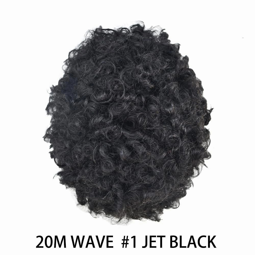 Afro Curl Toupee for Black Men Hair Piece Real Human Hair Full Poly Skin Curly Hair System for Black Men Weave Hair Units African American Mens Toupee 8x10 1# JET BLACK 20MM Afro Wave